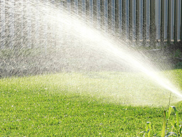 Sprinklers sıcak bir yaz gününde otomatik sulama çim. Ayarlanabilir kafa ile yağmurlama sulama sisteminden su tasarrufu. Çimlerin sulanması ve bakımı için otomatik ekipmanlar, bahçe. - Fotoğraf, Görsel