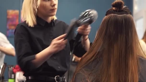 Portrét šťastné ženy u kadeřnictví. Profesionální koncepce stylování vlasů. Kadeřník sušení dívky dlouhé vlasy pomocí vysoušeče vlasů a kartáčku. Sušení s vyfouknout sušičkou - Záběry, video