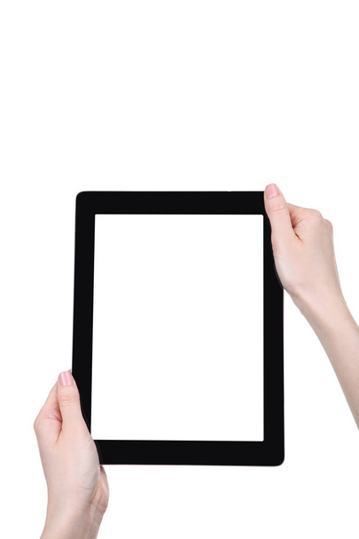 Tablet computer in female hands isolated on white background - Photo, Image