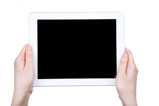 tabletta számítógép női kéz elszigetelt fehér background - Fotó, kép