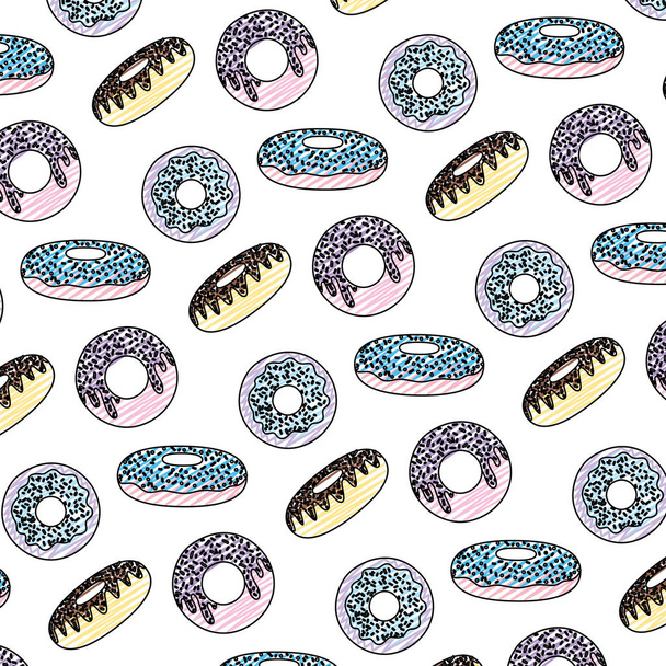 doodle saboroso donuts sobremesas pastelaria fundo - Vetor, Imagem