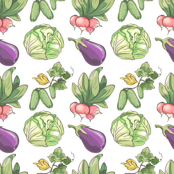 Seamless pattern with vegetables. Background with radish, cabbage, cucumber and eggplant - Διάνυσμα, εικόνα
