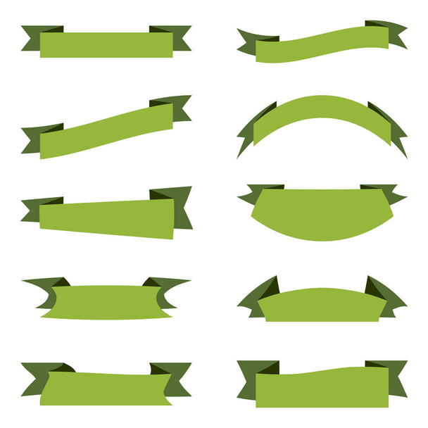 Green ribbons banners set on white background - Vector, Imagen