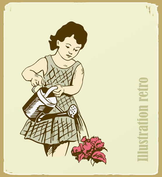 retro ilustrace, stará se o květiny dívka - Vektor, obrázek