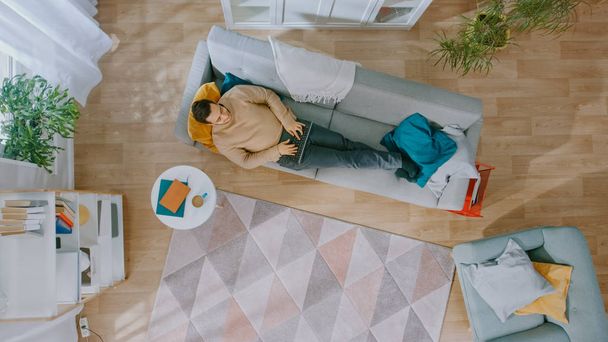 Young Man in Brown Jumper and Grey Jeans Lying Down on a Sofa, Using a Laptop. He is Happy and Smiles. Cozy Living Room with Modern Interior with Plants, Table and Wooden Floor. Top View. - Fotografie, Obrázek