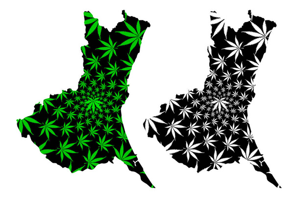 Prefeitura de Ibaraki (Divisões administrativas do Japão, Prefeituras do Japão) mapa é projetado folha de cannabis verde e preto, mapa de Ibaraki feito de maconha (maconha, THC) folhagem
 - Vetor, Imagem