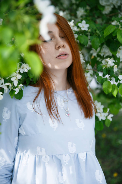 Beautiful red-haired girl posing and dreaming in the colors of an apple in the spring - Foto, immagini