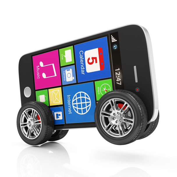 Smartphone on Wheels isolated on white background - Photo, Image