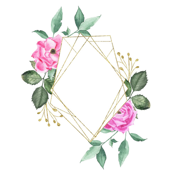 Aquarel Gouden geometrische ronde ovale frame met roze paarse rozen - Foto, afbeelding