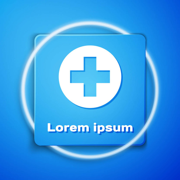 Λευκό ιατρικό σταυρό σε κύκλο εικονίδιο απομονωθεί σε μπλε φόντο. Ιατρικό σύμβολο πρώτων βοηθειών. Μπλε τετράγωνο κουμπί. Απεικόνιση διανυσματικών φορέων - Διάνυσμα, εικόνα