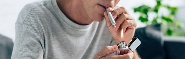 панорамный снимок человека, светящегося тупым предметом с медицинской марихуаной
 - Фото, изображение