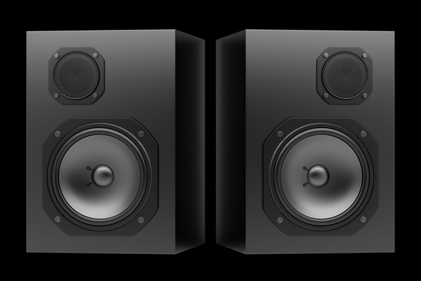 two black audio speakers isolated on black background - Fotó, kép
