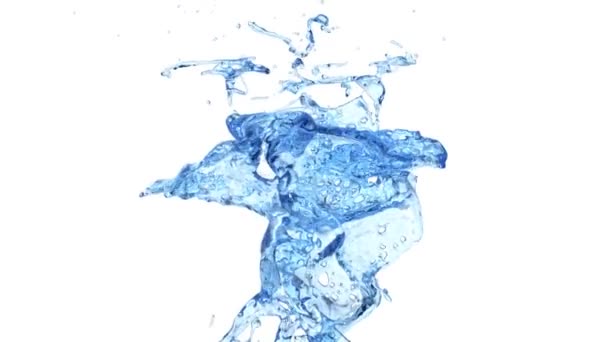 Blauwe Waterfontein in slow motion, geïsoleerd op witte achtergrond. - Video