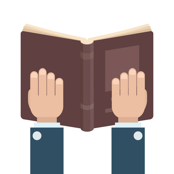 Düz açık kitap simgesi ve eller. Kütüphane kitapları, açık sözlük pa - Vektör, Görsel