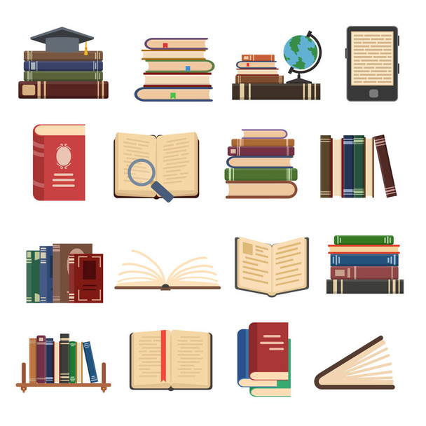 Iconos de libro plano. Libros de biblioteca, página del diccionario abierto y enciclopedia
 - Vector, Imagen