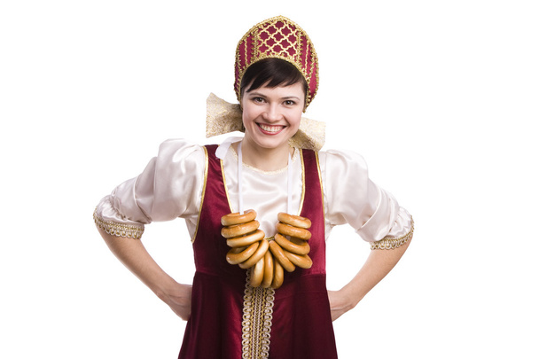 Woman in Russiancostume with bread-ring. - Photo, Image