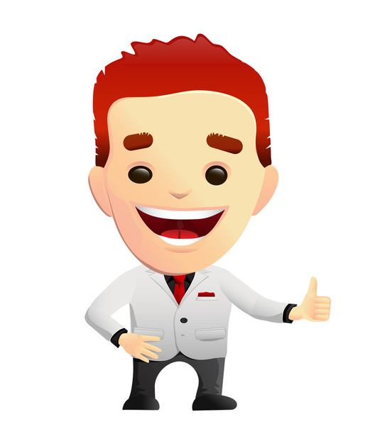 Glimlachende man in een wit pak geven duimen omhoog - Vector, afbeelding
