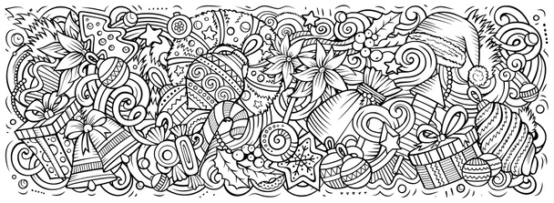 2020 doodle yatay illüstrasyon. Yeni Yıl nesneleri ve öğeleri posteri - Fotoğraf, Görsel