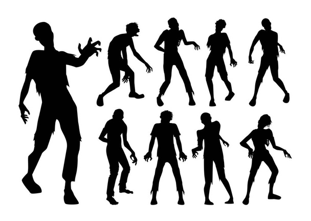 Male Zombie álló és gyalogos akciók Silhouette stílusú gyűjtemény. Teljes hossza emberek feltámadt a halálból. - Vektor, kép