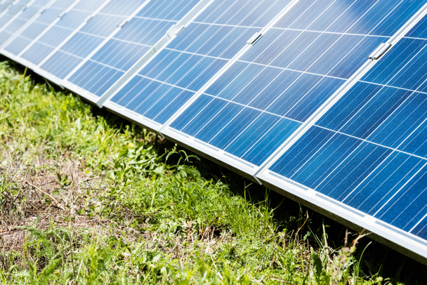 blue solar energy batteries with copy space and green grass - Fotó, kép