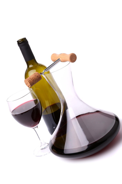Decanter, bottle and glass with red wine top view - Фото, изображение