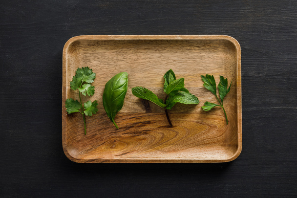 Top view of brown wooden dish with parsley, basil, cilantro and peppermint leaves on dark surface - Φωτογραφία, εικόνα