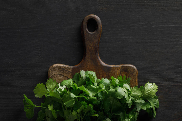 Top view of brown wooden cutting board with cilantro bundles on dark surface - Foto, immagini
