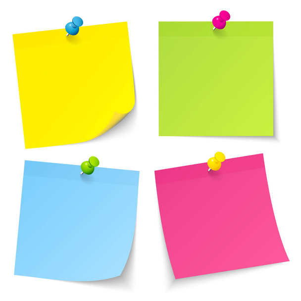 Conjunto de quatro notas pegajosas com pinos amarelo verde azul rosa
 - Vetor, Imagem