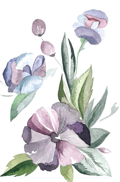 Akvarel, ilustrace s purpurovými květy, zelené listy a pupeny. Pro karty, oděvy, svátky  - Fotografie, Obrázek