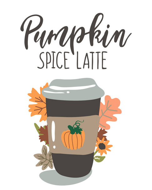 Handwritten Lettering Pumpkin Space Latte with a cup - Vettoriali, immagini