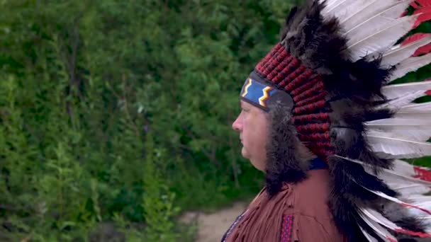 Oude Indianen staan tegen de achtergrond van het bos met een serieus gezicht - Video