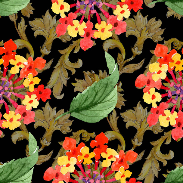 Rode Lantana bloemen botanische bloemen. Aquarel achtergrond illustratie instellen. Naadloos achtergrond patroon. - Foto, afbeelding