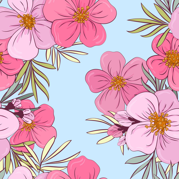 青い背景に葉を持つピンクの熱帯の花。シームレス - ベクター画像