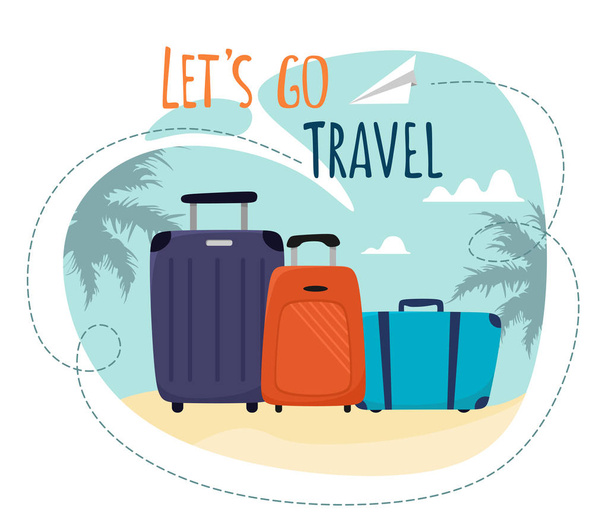 Lets go Travel motivációs cím. Utazik zászló-val karikatúra bőröndök és egy repülés papír repülőgép. Vektoros illusztráció a Flat design. - Vektor, kép