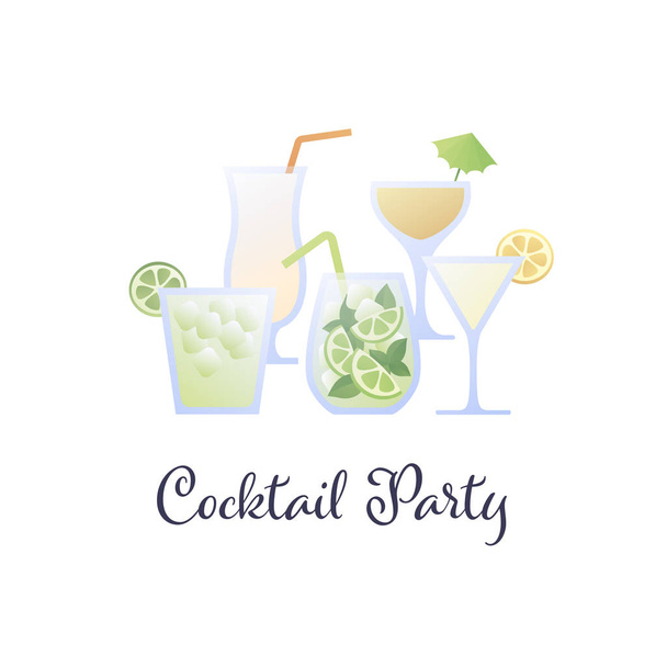 Vektor moderne flache Cocktail Party Banner Illustrationsvorlage. Set von farbigen alkoholischen Cocktails in Gläsern Symbole isoliert auf weißem Hintergrund. Gestaltungselement für Speisekarte, Bar, Restaurant, Plakat, Banner - Vektor, Bild