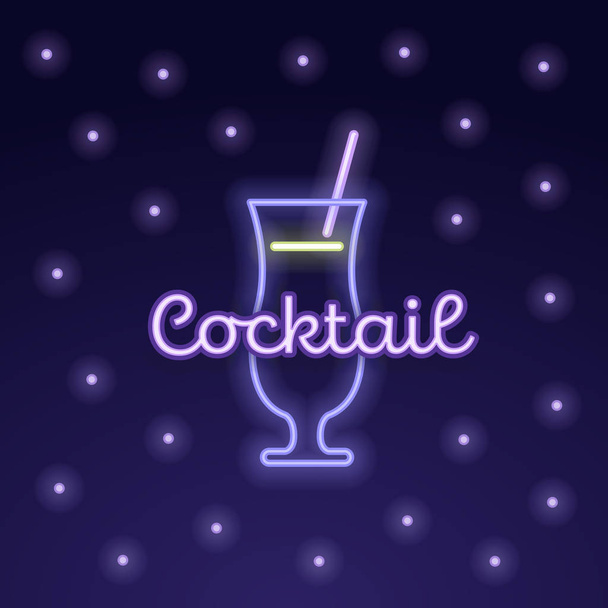 Vector modern neon light cocktail party banner template. Pink glass with straw symbol and bubbles isolated on gradient background. Design pack element for alcoholic beverage menu, ad, restaurant, cafe - Vector, Image