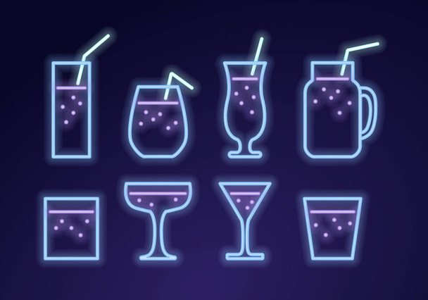 ベクトルモダンなネオンライトスパークリングカクテルアイコンセット。グラデーションの背景に分離されたピンクのわら記号を持つ青いメガネ。アルコール飲料メニュー、広告、レストラン、カフェ用デザインパック要素. - ベクター画像