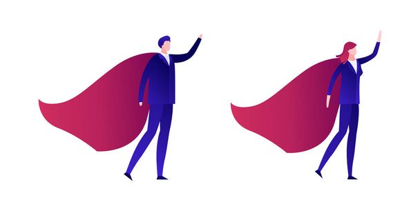 Vector moderne platte zakenman superheld illustratie. Mannelijk en vrouwelijk in blauw pak en rode Cape in sterke leiderschap pose geïsoleerd op wit. Ontwerpelement voor kaart, rapport, infographics, banner. - Vector, afbeelding