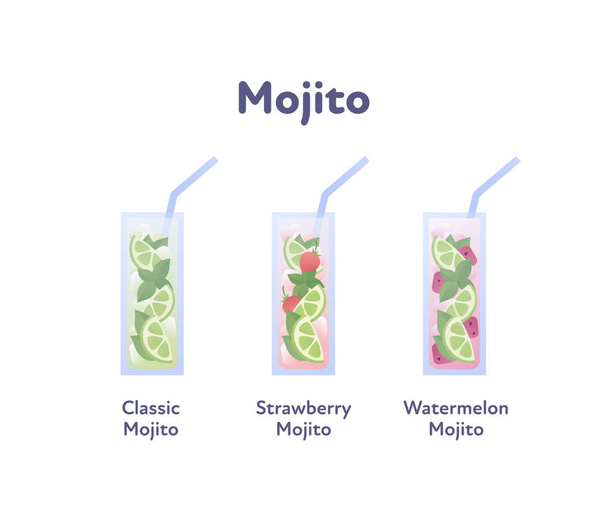 Vector modern flat mojito cocktail illustration set. Color glass with classical, watermelon, strawberry drink isolated on white. Design element for alcoholic beverage menu, ad, restaurant, cafe. - Vector, Image