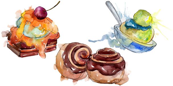leckeren Kuchen und Brötchen süßes Dessert. Aquarell Hintergrundillustration Set. isolierte Desserts Illustrationselement. - Foto, Bild