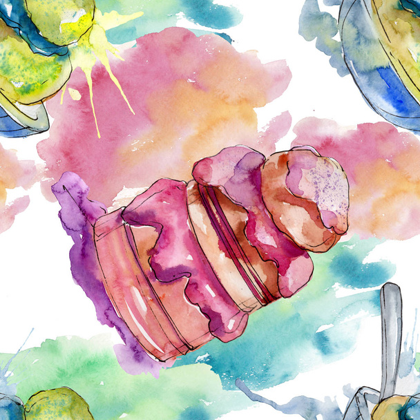 Tasty cake and bun sweet dessert. Watercolor background illustration set. Seamless background pattern. - Photo, Image