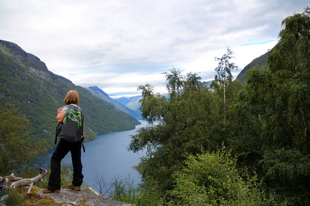 a woman stands high on a mountain top above the fjord and admires the magnificent landscape - Фото, изображение