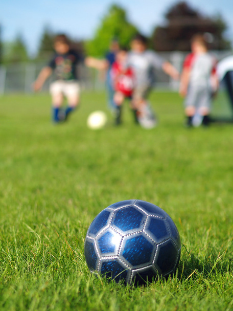 Pelota de fútbol azul y jugadores
 - Foto, Imagen