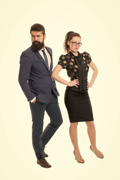 Business people. Boss and attractive lady assistant white background. Business relations. Formal style fashion clothes. Business partners man with beard and woman visit business conference or meeting - Zdjęcie, obraz