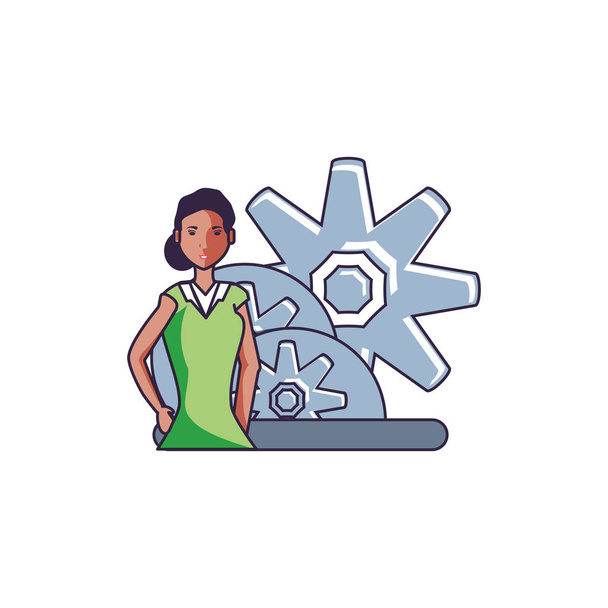gears pinions machines with young woman - Vector, Image