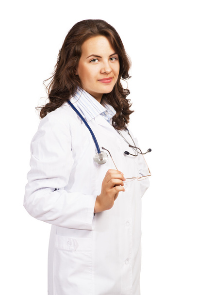 woman doctor holding glasses and smiling - Foto, Imagem