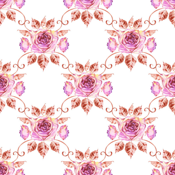 Watercolor roses seamless pattern. Seamless texture with boho roses. Hand painted vintage gardening background. - Fotoğraf, Görsel
