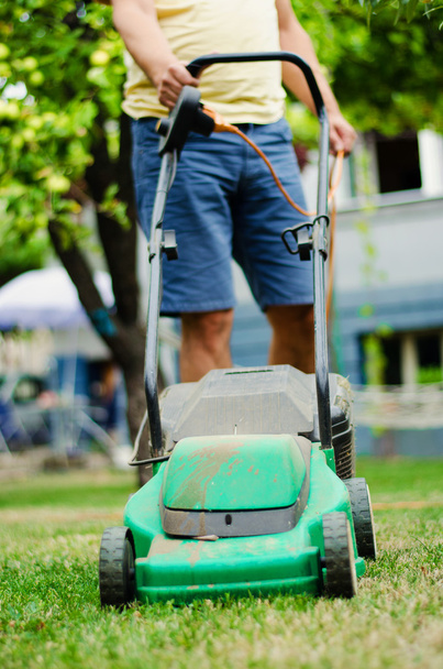 Adam çim biçme makinesi ile taşır ve yeşil çim mows - Fotoğraf, Görsel