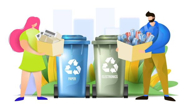 Couple tri des déchets de papier et d'électronique. Femme et homme jetant des ordures dans des poubelles de recyclage. Illustration vectorielle plate
. - Vecteur, image