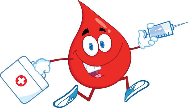 Punainen veripisara merkki käynnissä ruisku ja lääkepussi
 - Valokuva, kuva